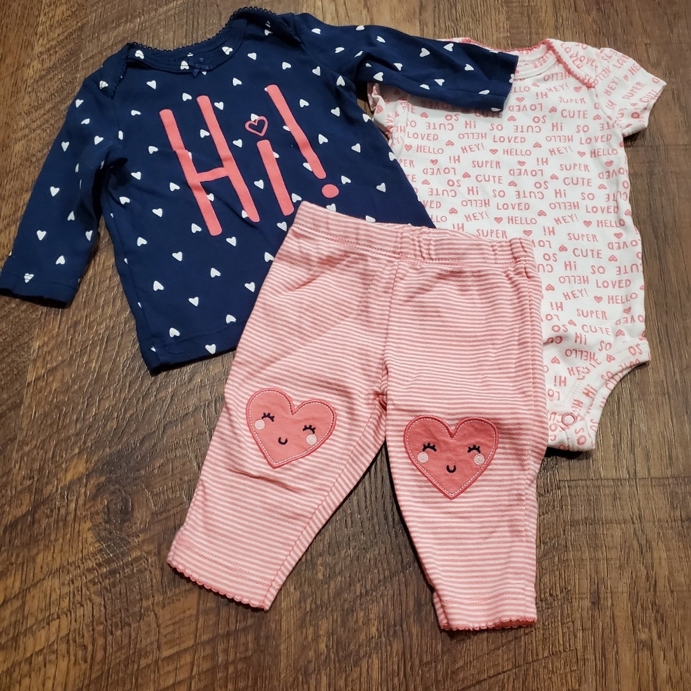 Carters Baby Girl Matching Set Leggings Tee Shirt Bodysuit Hearts Pink Blue 3M